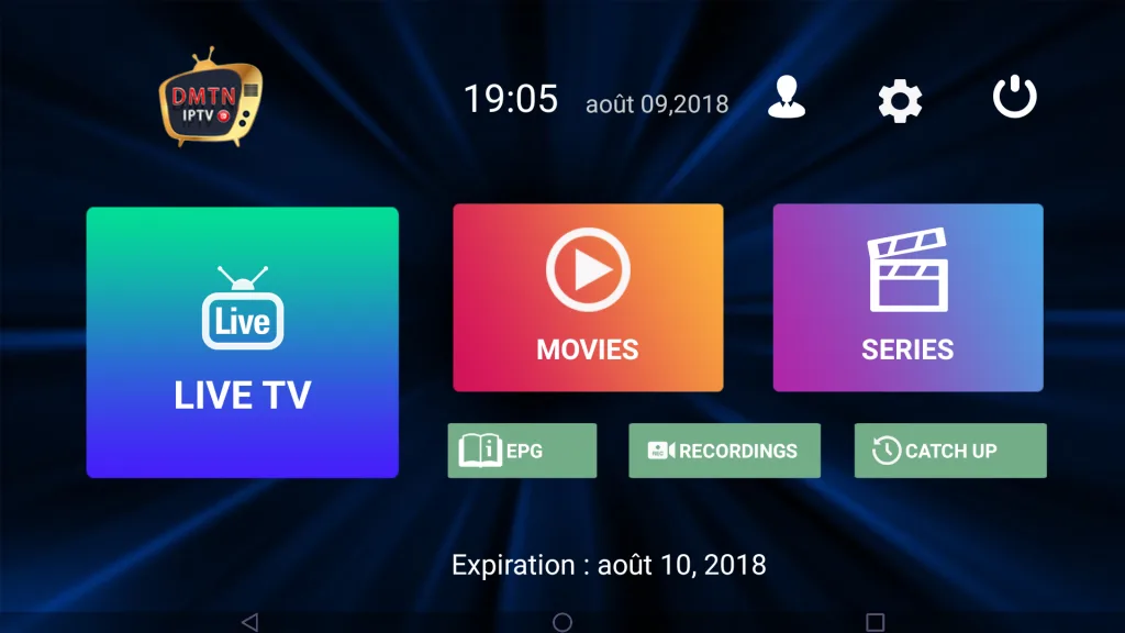 DMTN IPTV app home screen showing Live TV, Movies and Series sections