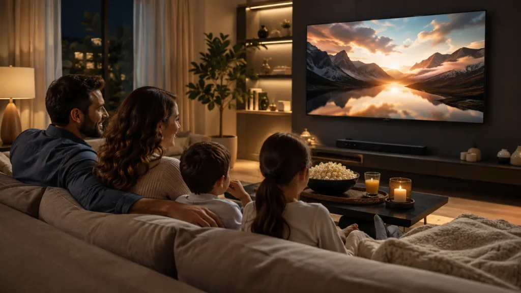 Family enjoying an evening of entertainment at home