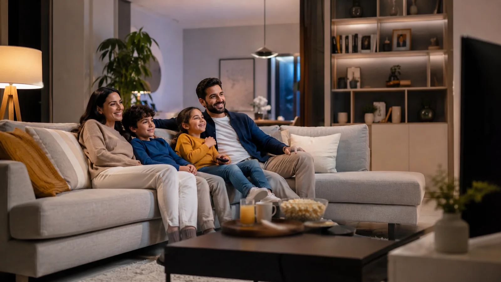 Family movie night in a living room